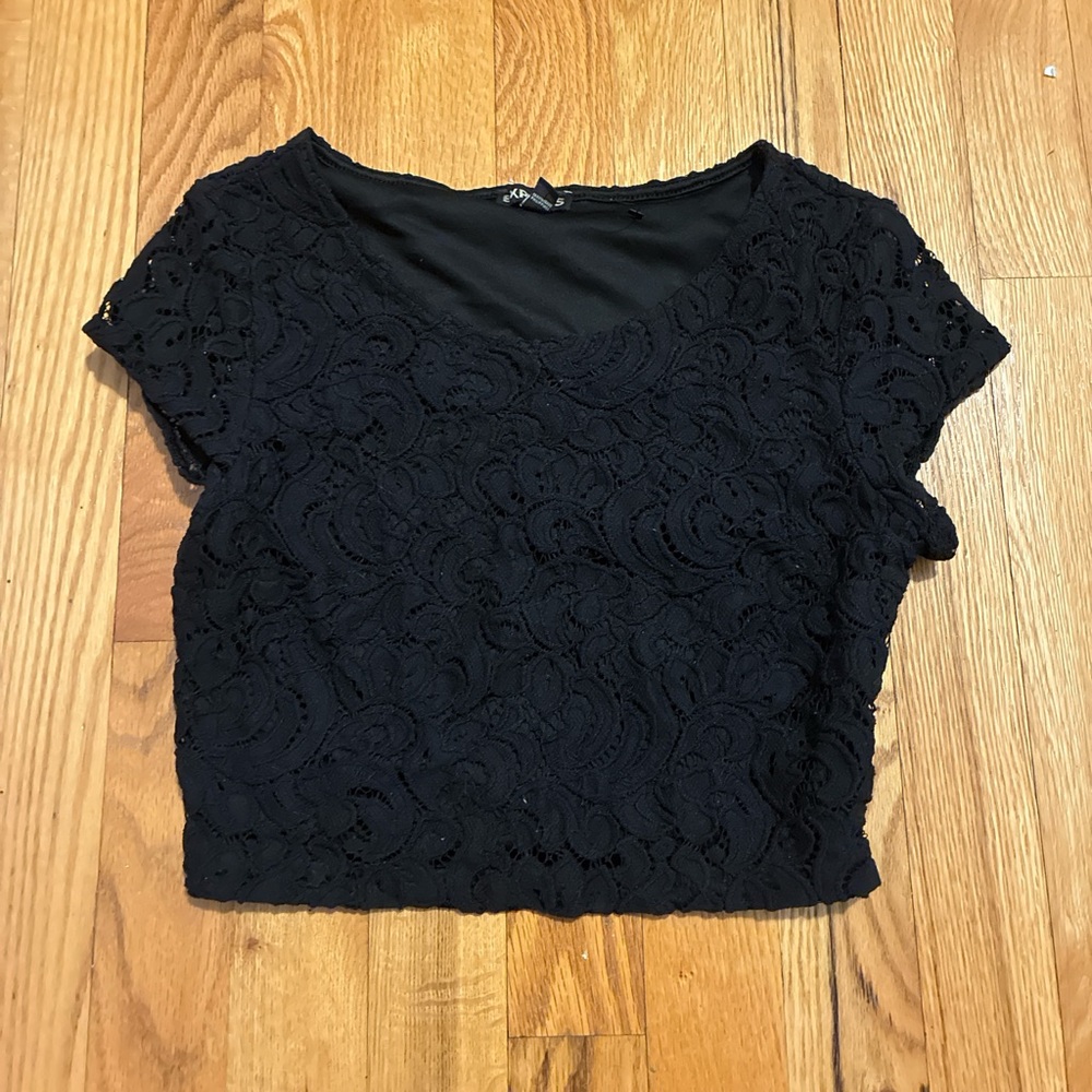 Express Black Lace Detail Short Sleeved Blouse
